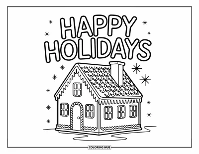 Coloriage Joyeuses Fêtes pour enfants : Maison en pain d'épices fantaisiste avec contours prononcés et ambiance de fête