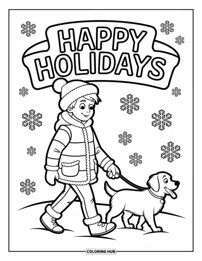 Coloriage Joyeuses Fêtes pour enfants : Promenade hivernale avec un chien sous des flocons et une banderole festive