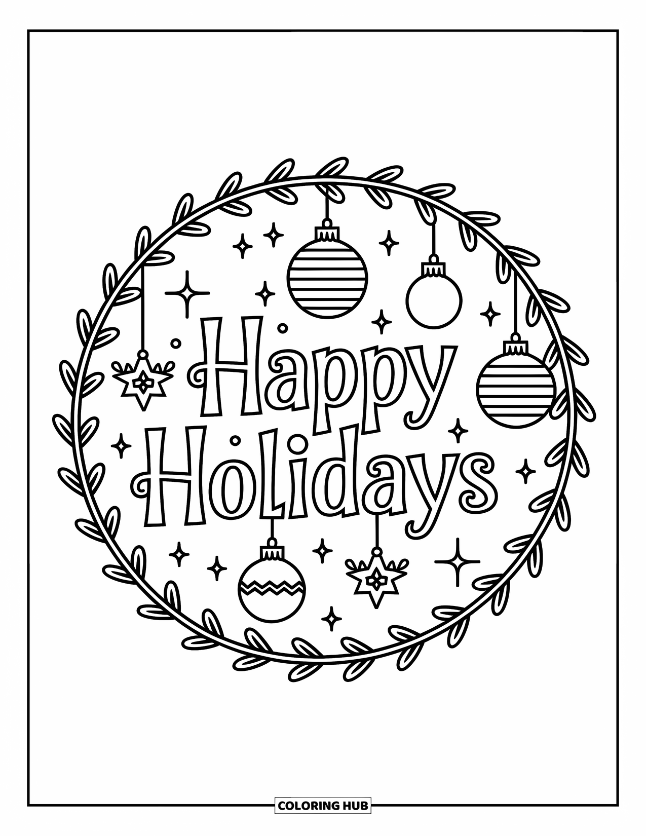 Happy Holidays Coloring Page for Kids: Wreath with playful reindeer and stars around holiday text