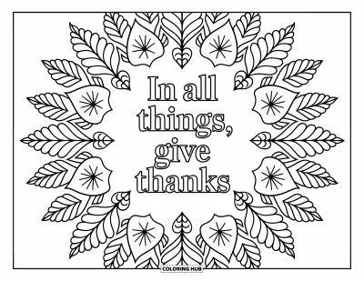 Coloriage de Joyeux Thanksgiving pour adultes : Un mandala d'automne pleine page entoure « In All Things, Give Thanks » en texte élégant dessiné