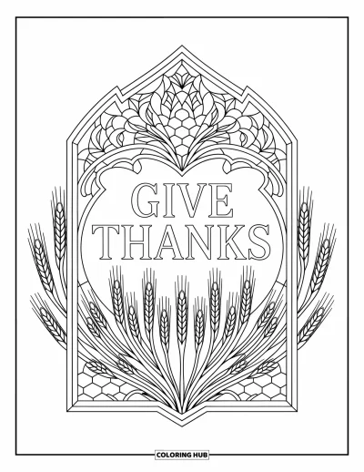 Coloriage de Joyeux Thanksgiving pour adultes : Un cadre de vitrail lumineux contient « Give Thanks » avec de délicats motifs floraux et des épis de blé