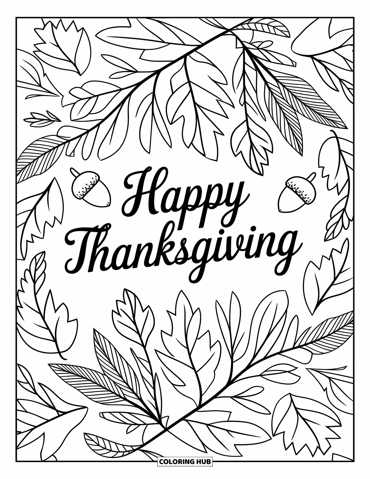 Happy Thanksgiving Coloring Page for Adults: Acorns and fall leaves curl around "Happy Thanksgiving" in a full mandala design