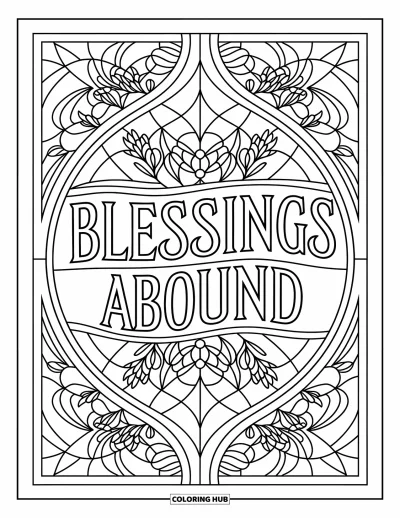 Coloriage de Joyeux Thanksgiving pour adultes : « Blessings Abound » rayonne au centre d'un design de vitrail aux motifs élégants