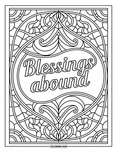 Coloriage de Joyeux Thanksgiving pour adultes : « Blessings Abound » brille dans un motif de vitrail avec des fleurs et de douces lignes géométriques
