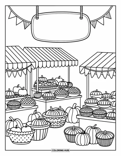 Coloriage de Joyeux Thanksgiving pour adultes : Des étals charmants vendent des tartes et des courges sous un panneau « Harvest Market »