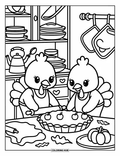 Coloriage de Joyeux Thanksgiving pour adultes : Dindons enjoués préparant une tarte dans une cuisine chaleureuse remplie d'accessoires amusants