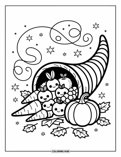 Coloriage de Joyeux Thanksgiving pour adultes : Corne d'abondance débordant de trésors de la récolte, d'étoiles scintillantes et de volutes de feuilles