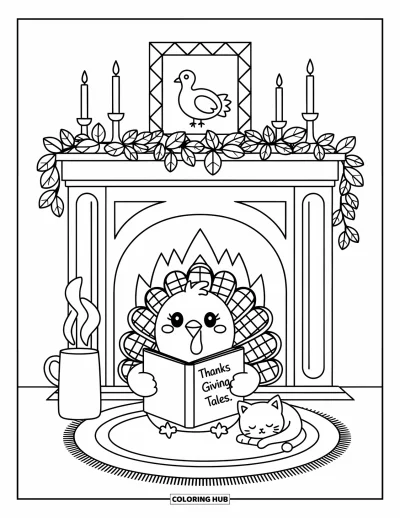 Coloriage de Joyeux Thanksgiving pour adultes : Dindon au coin du feu lisant à côté d'un chat et de bougies scintillantes