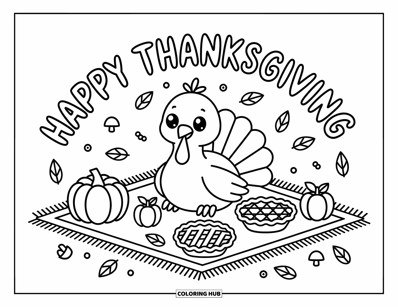 Happy Thanksgiving Coloring Page for Adults: Cute turkey enjoys pie, pumpkins, and apples under a "Happy Thanksgiving" banner