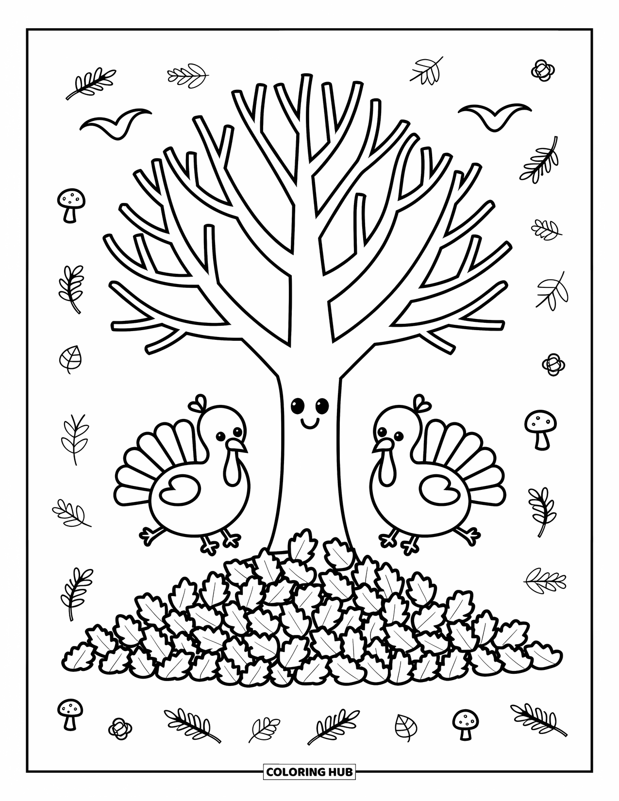 Happy Thanksgiving Coloring Page for Adults: Cute turkeys jump into leaves beneath a happy tree with mushrooms and birds
