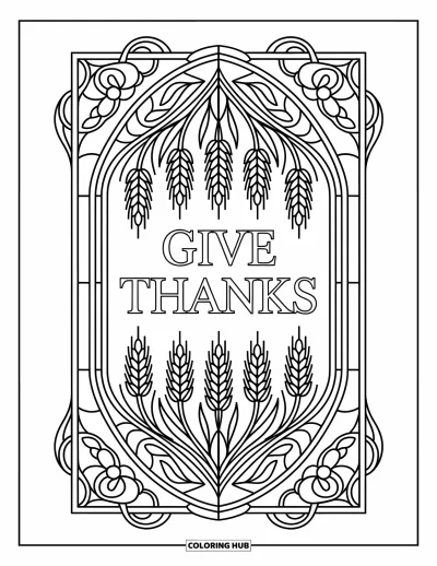 Coloriage de Joyeux Thanksgiving pour adultes : « Give Thanks » repose dans un cadre de vitrail rempli de vignes et d'accents floraux