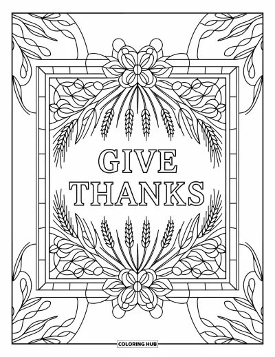 Coloriage de Joyeux Thanksgiving pour adultes : « Give Thanks » brille dans un cadre de vitrail avec des motifs floraux et des épis de blé