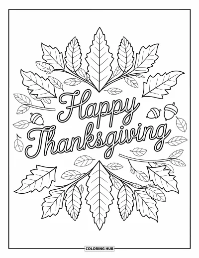 Coloriage de Joyeux Thanksgiving pour adultes : « Happy Thanksgiving » apparaît dans un mandala de vignes d'automne, de glands et de feuillages fleuris