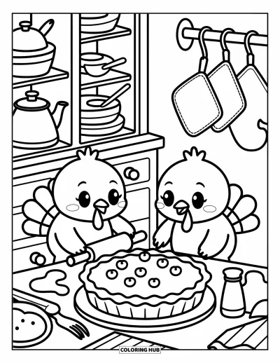 Coloriage de Joyeux Thanksgiving pour adultes : Dindons joyeux faisant une tarte avec un rouleau à pâtisserie, des pommes et des ustensiles de cuisine accrochés