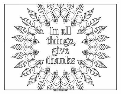Coloriage de Joyeux Thanksgiving pour adultes : « In All Things, Give Thanks » niché dans un mandala de feuilles d'automne et de motifs apaisants