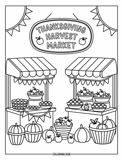 Coloriage de Joyeux Thanksgiving pour adultes : Marché kawaii plein de tartes, de pommes et de courges avec des drapeaux et des auvents