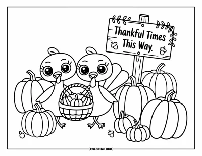 Coloriage de Joyeux Thanksgiving pour adultes : Dindons kawaii se promenant dans un champ de citrouilles avec des paniers sous un panneau « Thankful Times »