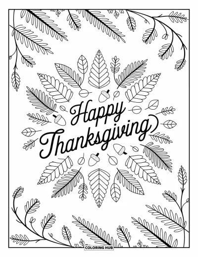 Coloriage de Joyeux Thanksgiving pour adultes : Des feuilles et des glands forment un riche mandala autour de « Happy Thanksgiving » en calligraphie