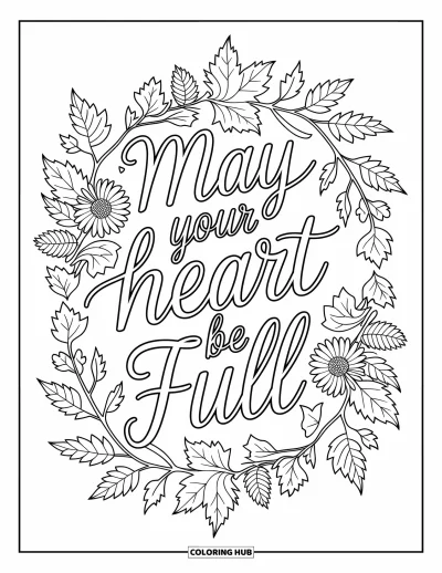 Coloriage de Joyeux Thanksgiving pour adultes : « May Your Heart Be Full » entouré de feuilles d'érable et de motifs floraux dans un mandala tourbillonnant
