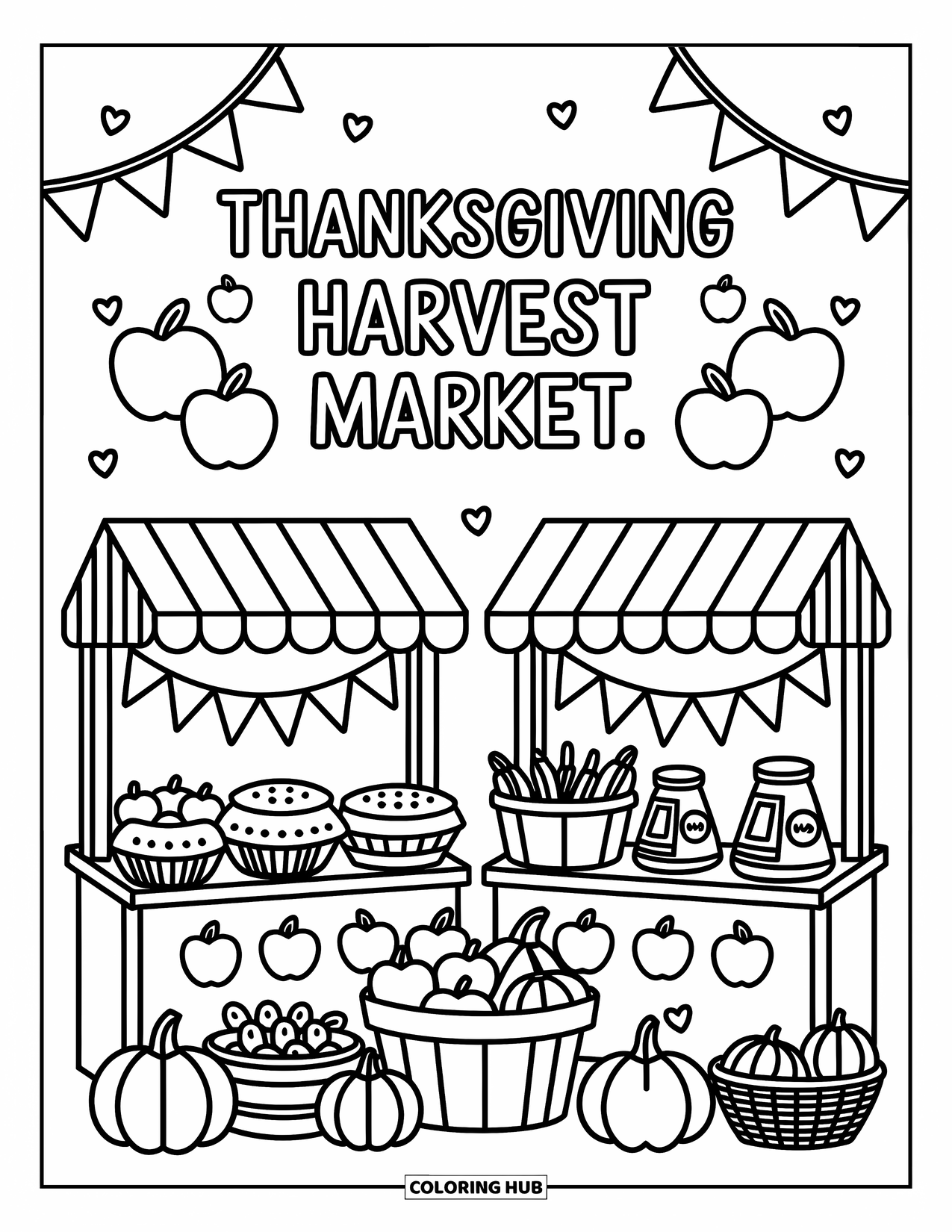 Happy Thanksgiving Coloring Page for Adults: Mini farmers market with stalls selling apples, pies, and jam jars