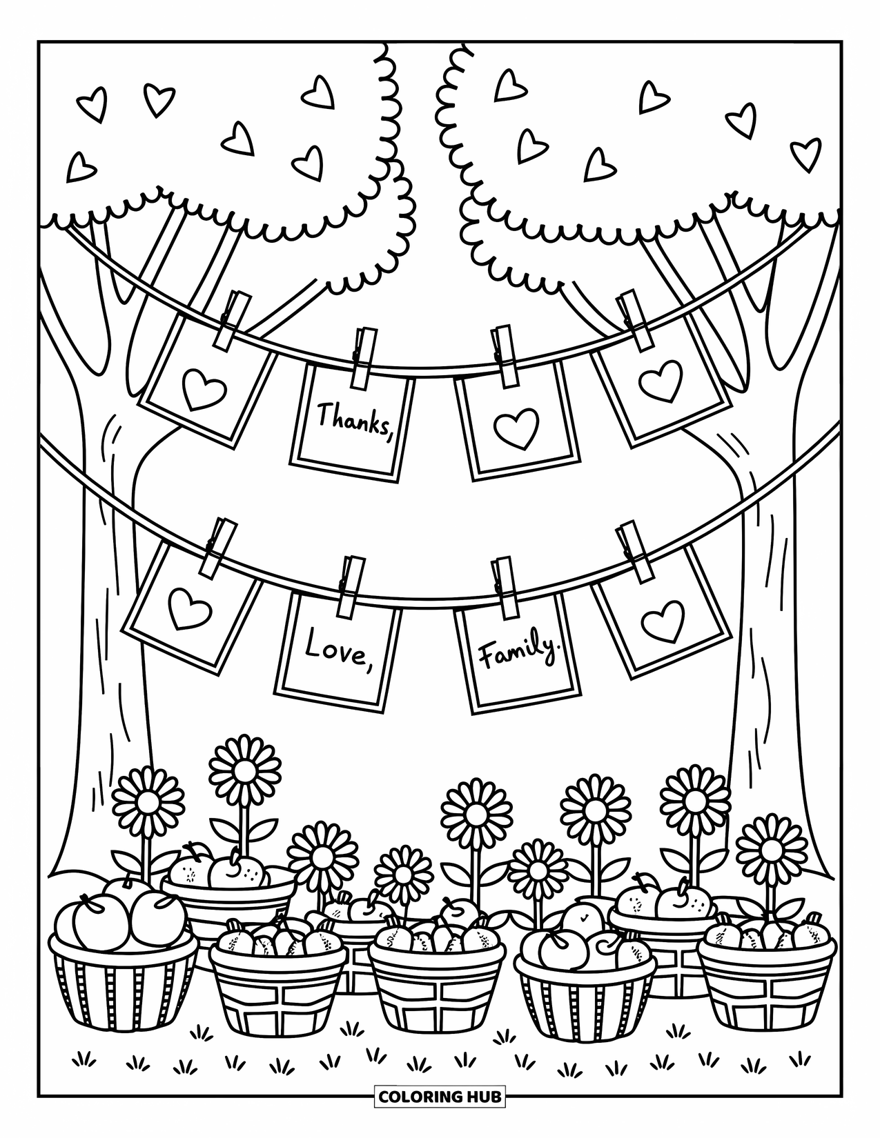Happy Thanksgiving Coloring Page for Adults: Notes saying "Love" and "Pie" hang from trees above baskets of apples