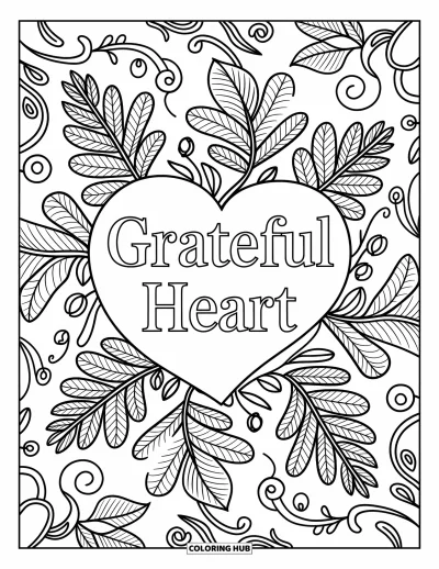 Coloriage de Joyeux Thanksgiving pour adultes : Des feuilles de chêne et des vignes encadrent « Grateful Heart » dans un mandala calme et détaillé