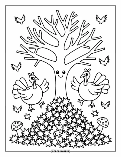 Coloriage de Joyeux Thanksgiving pour adultes : Dindons espiègles sautant dans un tas de feuilles sous un arbre souriant avec des pommes de pin