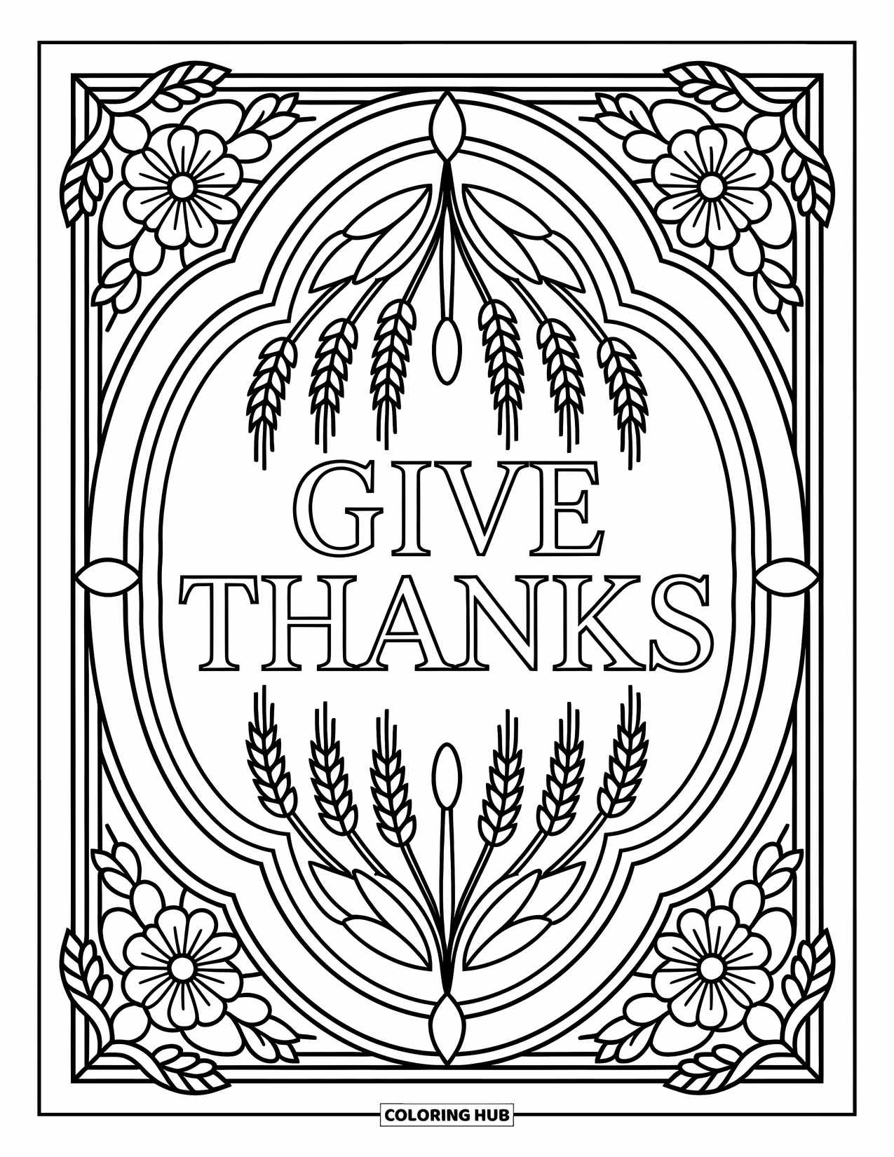 Happy Thanksgiving Coloring Page for Adults: Symmetrical florals and wheat stalks surround "Give Thanks" in a stained-glass design