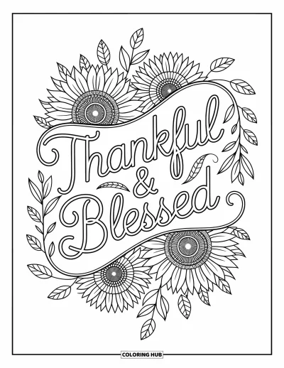 Coloriage de Joyeux Thanksgiving pour adultes : « Thankful & Blessed » est entouré de mandalas de tournesols et de feuilles tombantes gracieuses