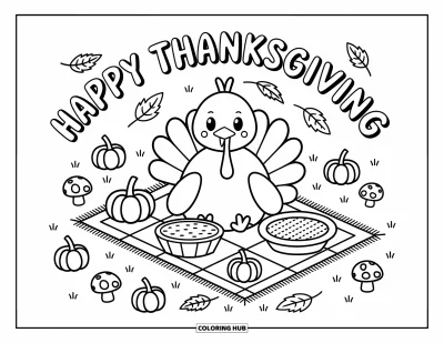 Coloriage de Joyeux Thanksgiving pour adultes : Dindon sur une couverture douillette entouré de délices de la récolte et de champignons fantaisistes