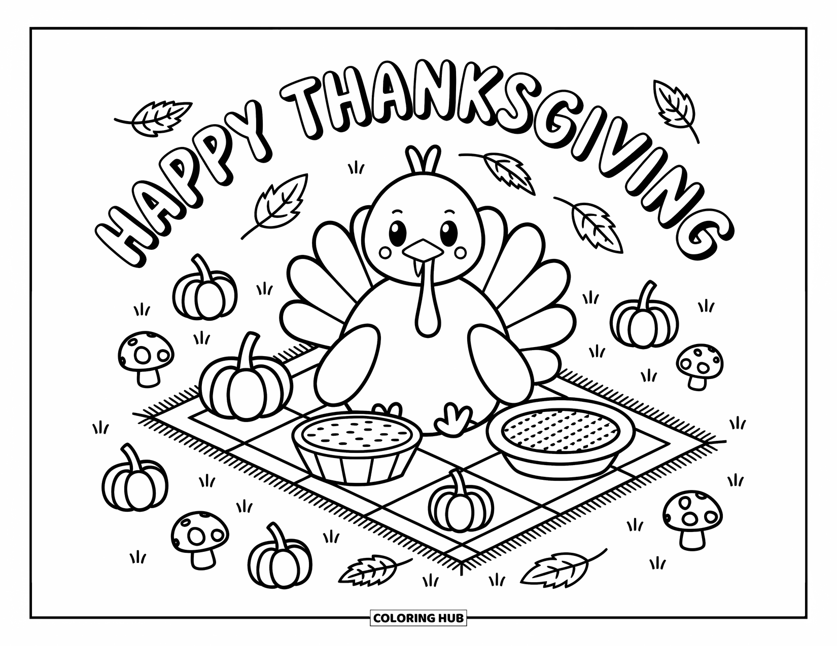 Happy Thanksgiving Coloring Page for Adults: Turkey on a cozy blanket with harvest treats and playful mushrooms all around