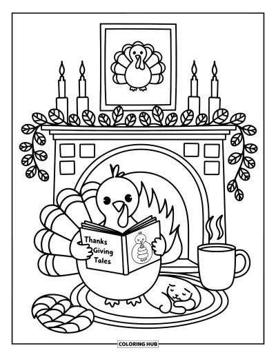 Coloriage de Joyeux Thanksgiving pour adultes : Dindon blotti près de la cheminée avec un livre et une tasse fumante