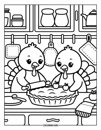 Coloriage de Joyeux Thanksgiving pour adultes : Deux dindons préparent joyeusement une tarte dans une petite cuisine douillette