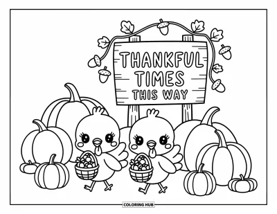 Coloriage de Joyeux Thanksgiving pour adultes : Deux dindons traversant un champ de citrouilles avec des paniers et un panneau en bois