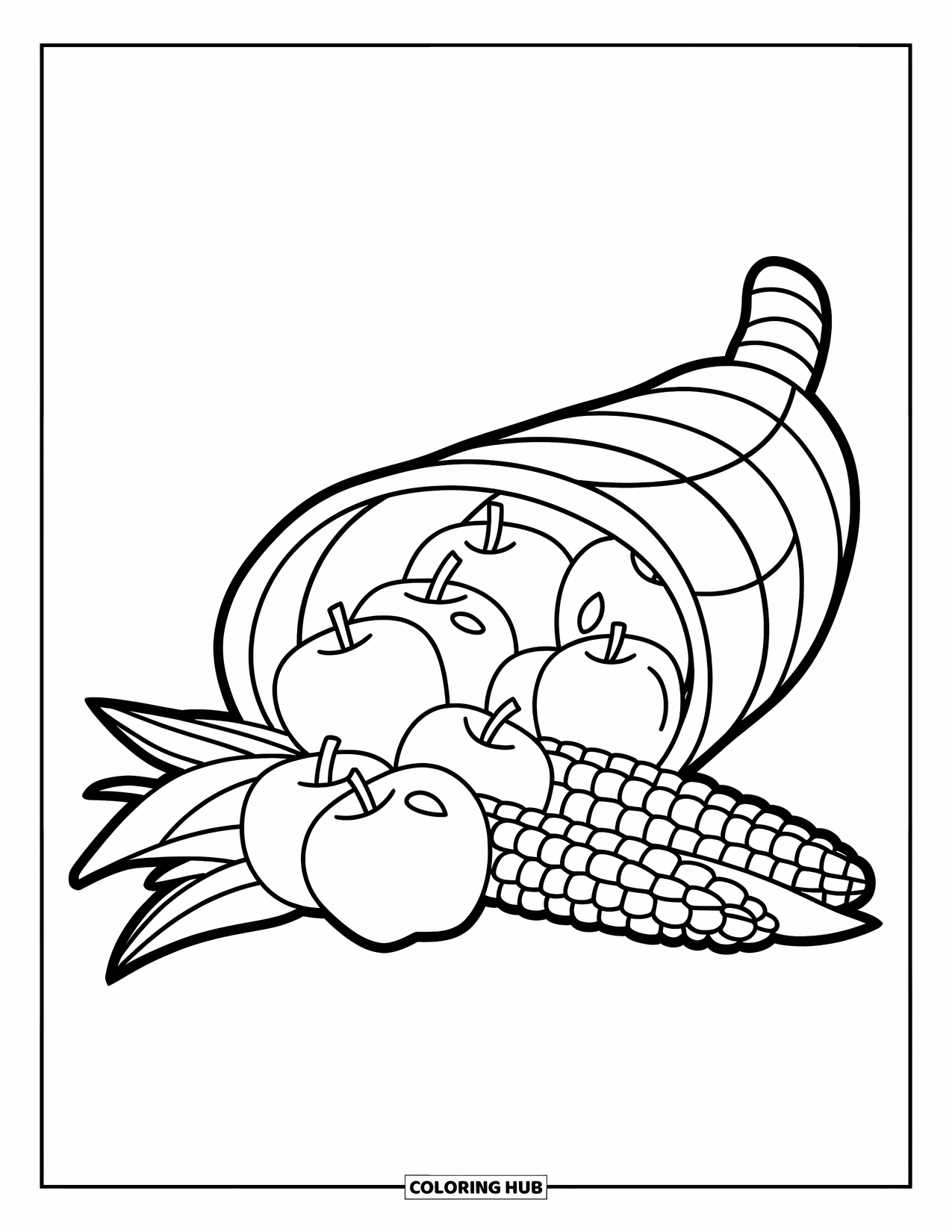 Happy Thanksgiving Coloring Page for Kids: Basket cornucopia spilling apples and corn in big, bold shapes