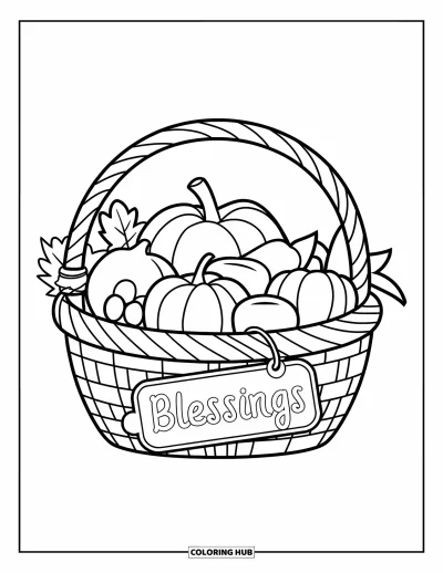 Coloriage de Joyeux Thanksgiving pour enfants : Panier de fruits et légumes d'automne avec une étiquette « Blessings » au-dessus