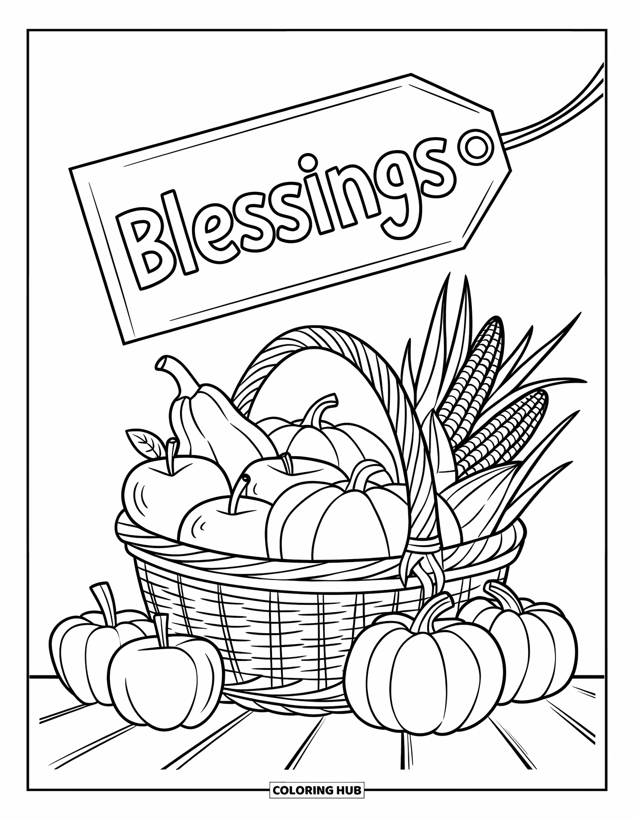 Happy Thanksgiving Coloring Page for Kids: "Blessings" tag above a harvest basket full of autumn fruits and vegetables