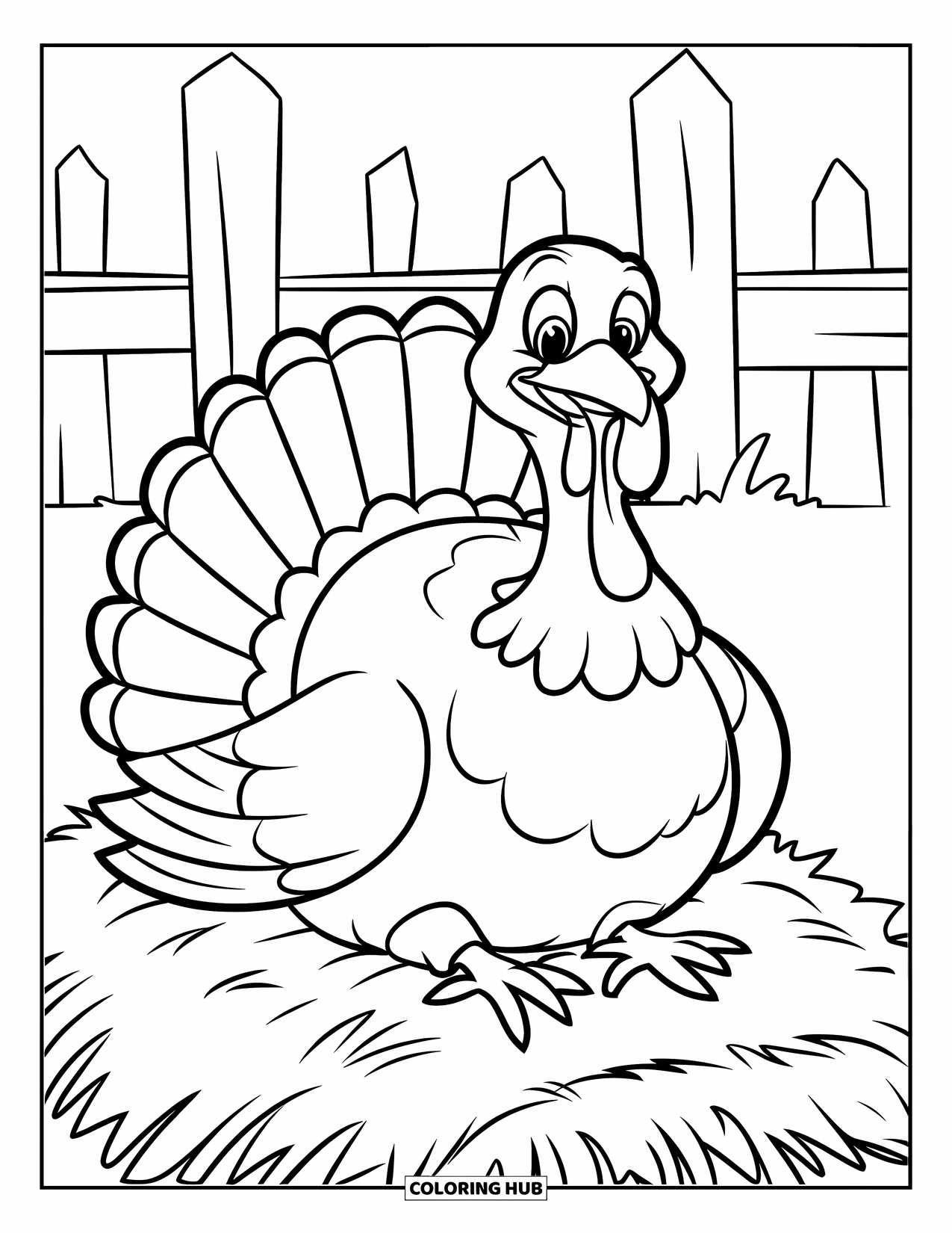 Happy Thanksgiving Coloring Page for Kids: Cheerful turkey with open wings sits on a hay bale by a fence