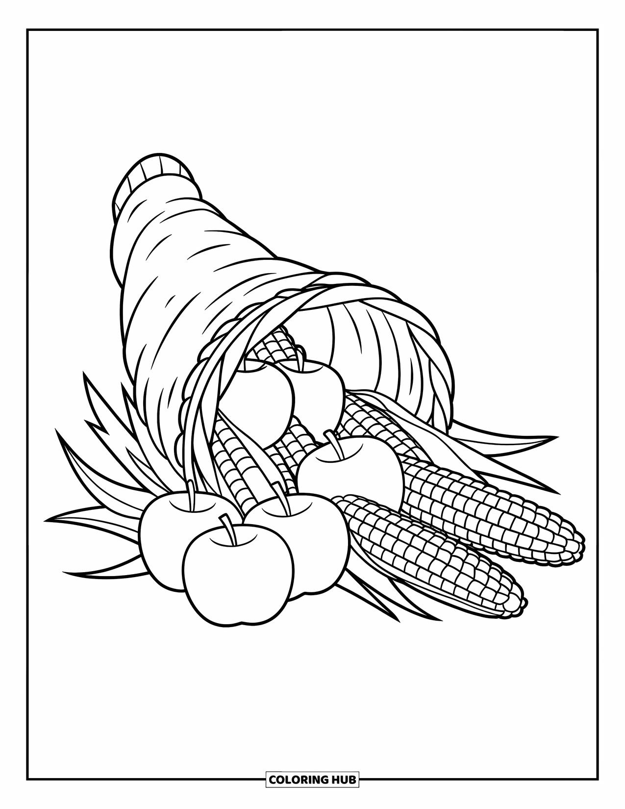 Happy Thanksgiving Coloring Page for Kids: Cornucopia in a round basket with apples and corn spilling out