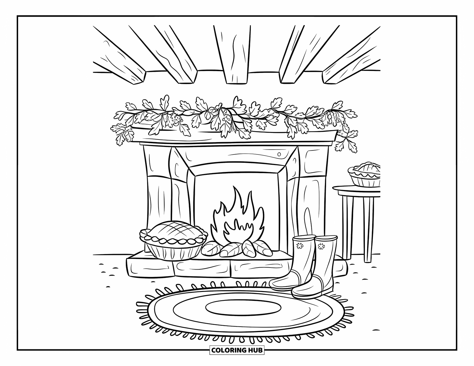 Happy Thanksgiving Coloring Page for Kids: Cozy fireplace decorated with pies, garlands, and boots beside a rug and table
