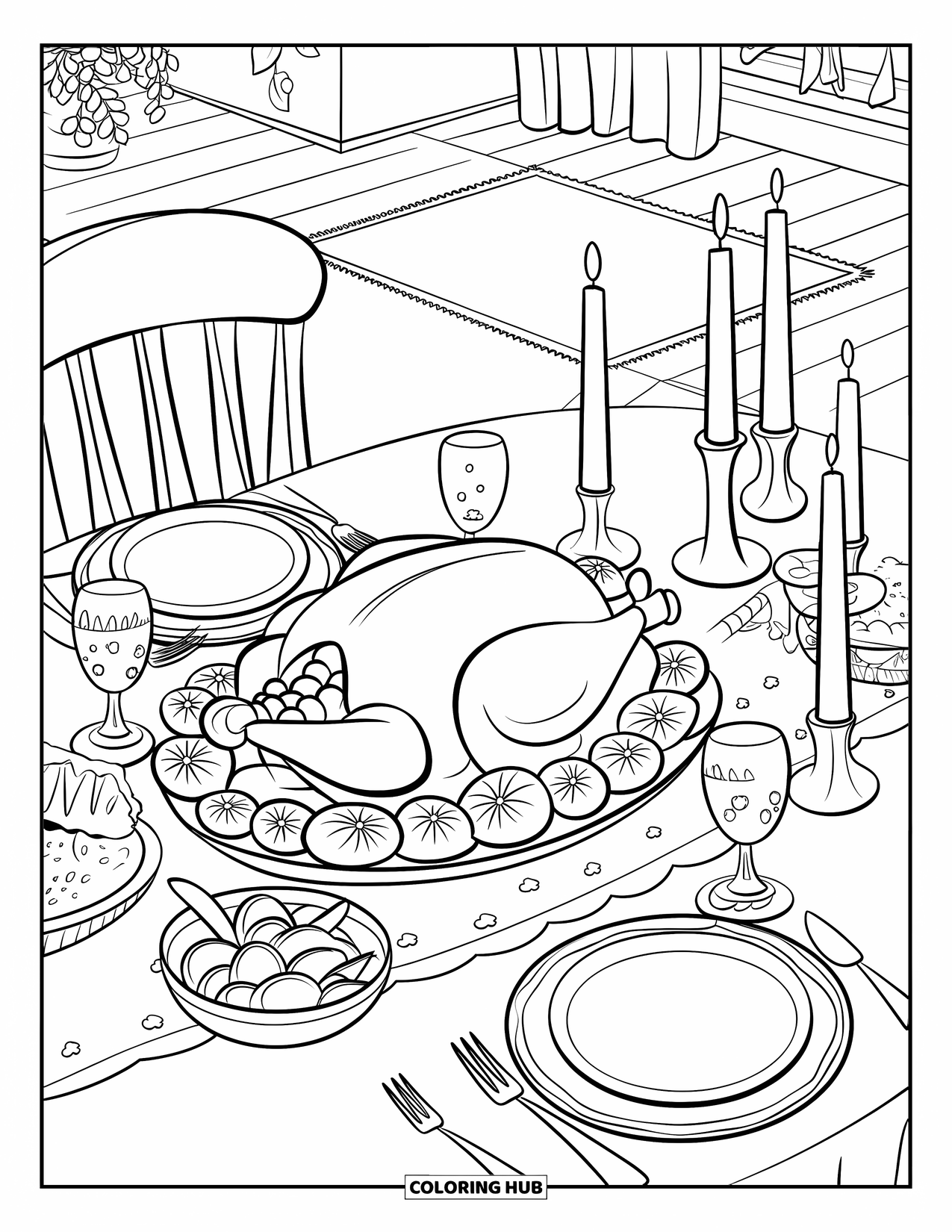 Happy Thanksgiving Coloring Page for Kids: Cozy table with turkey dinner, candles, and fall decorations near a window