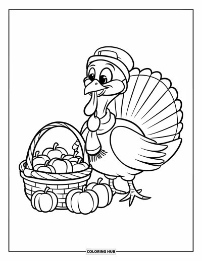Coloriage de Joyeux Thanksgiving pour enfants : Adorable dindon en tenue d'automne à côté de pommes et de citrouilles sur le sol