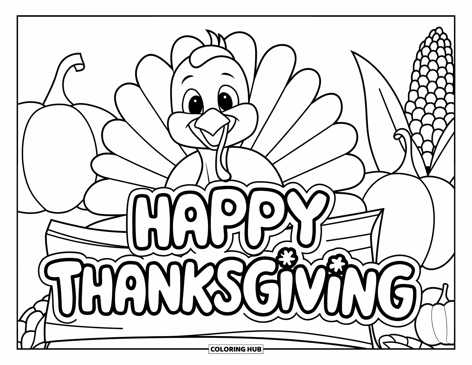 Happy Thanksgiving Coloring Page for Kids: Cute turkey on a log with pumpkins, corn, and festive lettering