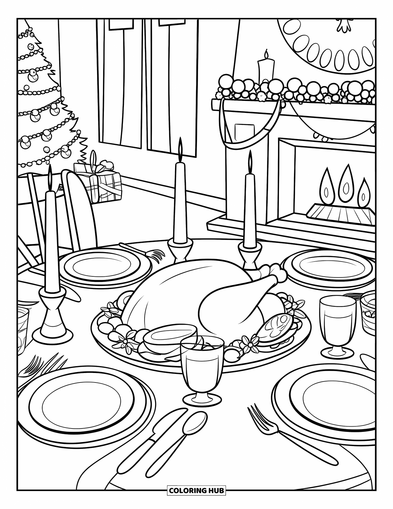 Happy Thanksgiving Coloring Page for Kids: Dinner table with roasted turkey, candles, and a cozy fireplace nearby