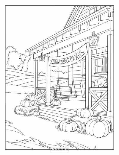 Coloriage de Joyeux Thanksgiving pour enfants : Véranda décorée pour l'automne avec des lanternes, des citrouilles, des bottes de foin et une banderole « Fall Festival »