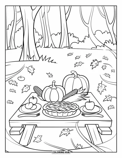 Coloriage de Joyeux Thanksgiving pour enfants : Table de pique-nique automnale avec de la tarte, des pommes et du maïs entourés de feuilles tourbillonnantes
