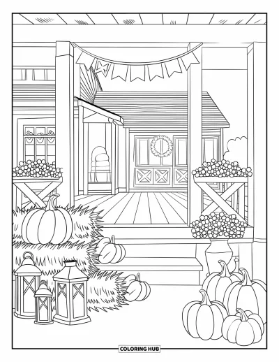 Coloriage de Joyeux Thanksgiving pour enfants : Véranda de ferme avec des lanternes, des bottes de foin, des citrouilles et une banderole de bienvenue