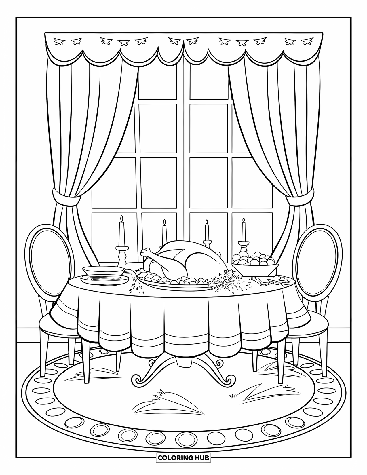 Happy Thanksgiving Coloring Page for Kids: Festive dinner table with roasted turkey, candles, and a window view