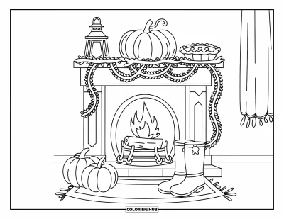 Coloriage de Joyeux Thanksgiving pour enfants : Cheminée avec des guirlandes d'automne, des tartes, des bottes et une lanterne dans une pièce chaleureuse et douillette