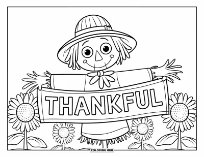 Coloriage de Joyeux Thanksgiving pour enfants : Joyeux épouvantail dans un champ de tournesols tenant une banderole « Thankful »